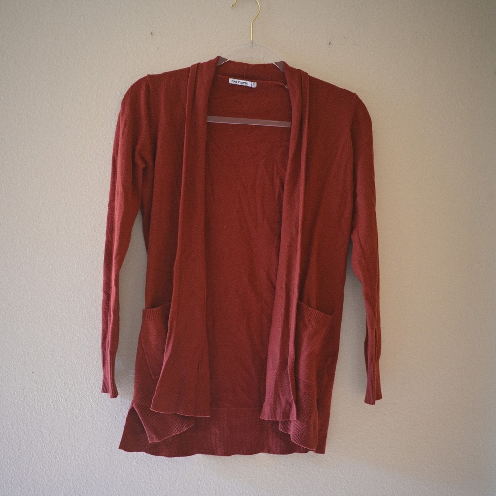 Pink Clover Women Rust Burgundy Open Front Duster Cardigan Sweater Pockets S